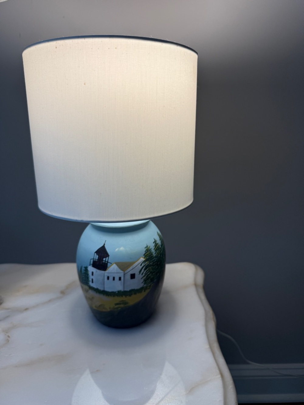 Table Lamp Coastal Hand Painted Lighthouse Beach Boat Scene~Birds~Ceramic